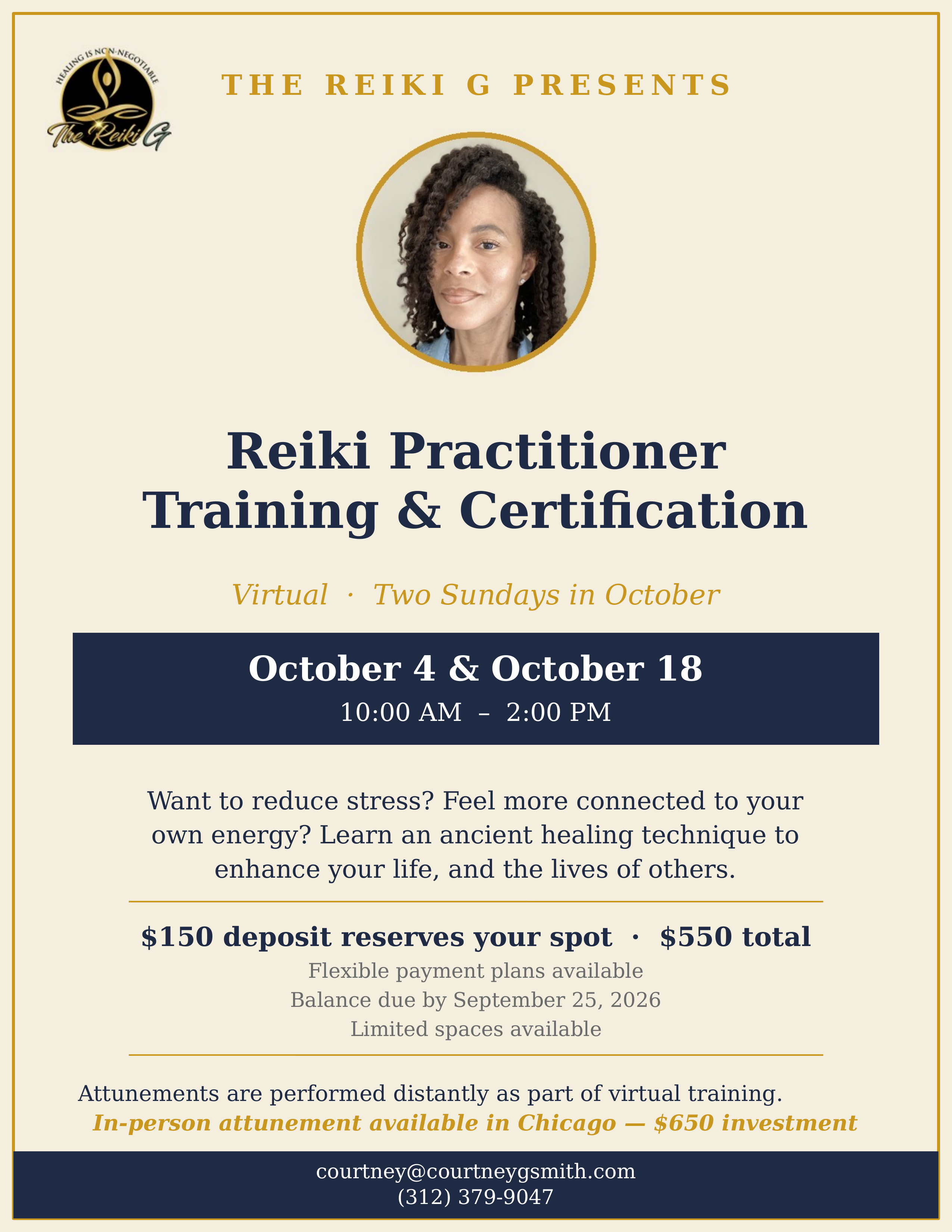 Reiki Practitioner Training & Certification flyer — October 4 & 18, 2026
